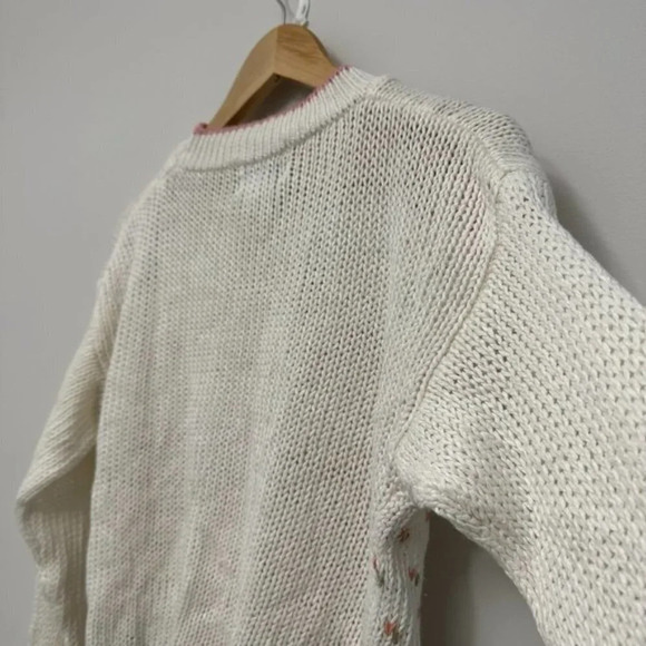 Vintage Handmade Crew Neck Floral Knit Pullover Sweater Neutrals Women's Medium - Picture 8 of 14